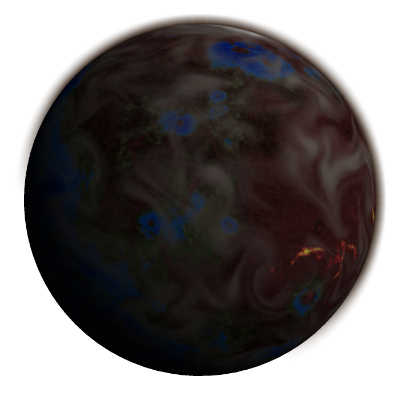 Primordial planet with volcanos, oceans, dust clouds, and spreading vegetation